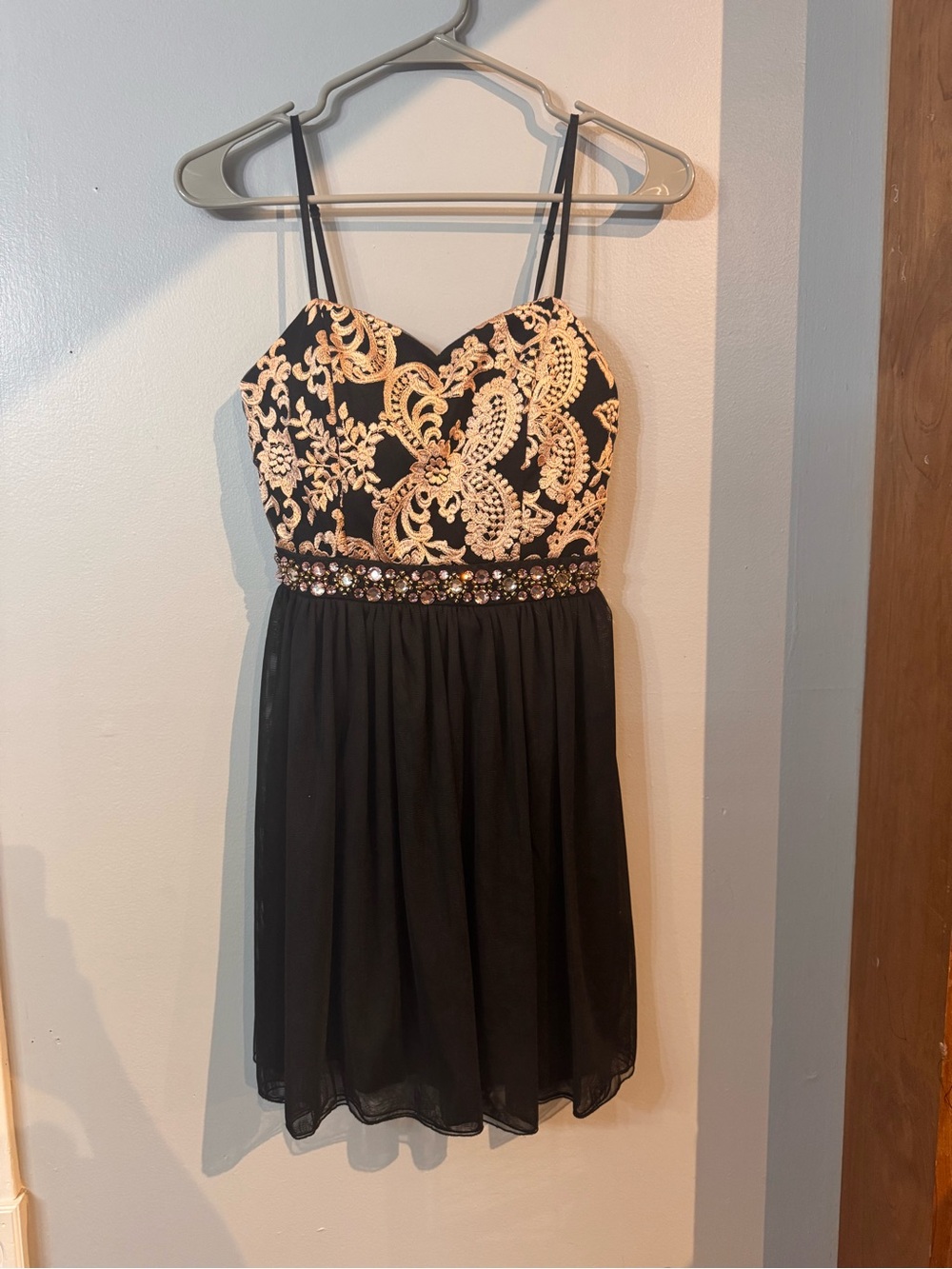 Windsor Black & Gold Lace Party Dress with Rhinestone Waist - Size 3